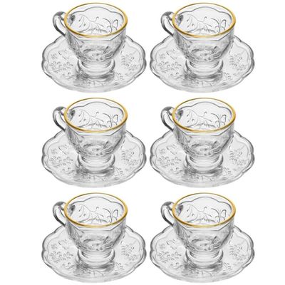 Cj 6 Xícaras de Chá com Píres New Butterfly Fio Ouro 80ml Cristal Ecologico Café Elegante