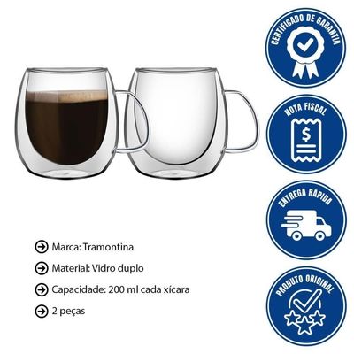 Conjunto De Xícaras Tramontina Para Chá E Cappuccino 200ml 2 Peças Vidro Duplo 64760450