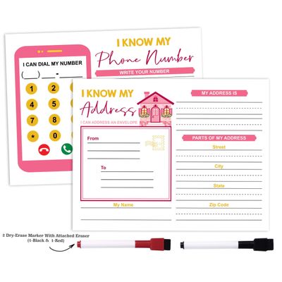 Ficha Apagável: Eu Sei Meu Endereço e Telefone — Laminada para Pré-Escola/Educação Infantil, Ensino em Casa, com 2 Marcadores - Inkdotpot 21,59 Cm × 27,94 Cm / Rosa