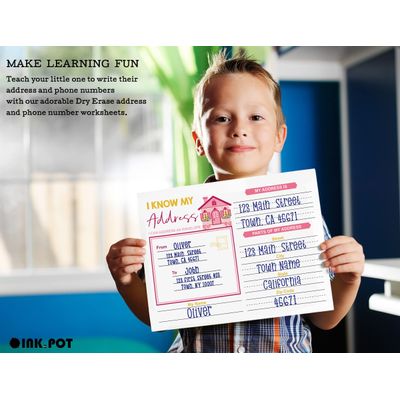 Ficha Apagável: Eu Sei Meu Endereço e Telefone — Laminada para Pré-Escola/Educação Infantil, Ensino em Casa, com 2 Marcadores - Inkdotpot 21,59 Cm × 27,94 Cm / Rosa