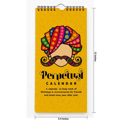Calendário Perpétuo Rústico de Parede Bigode Indiano e Turbante, Lembrete e Presente de Aniversário, Planejador e Organizador - Inkdotpot 27,94 Cm × 13,72 Cm / Amarelo