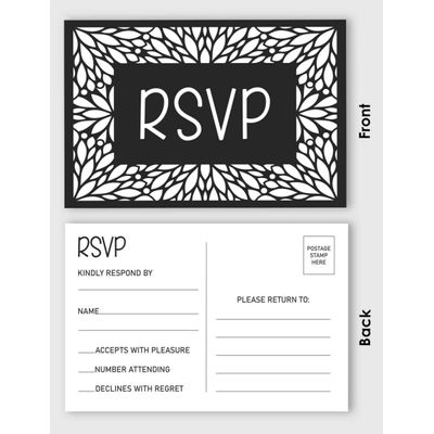 Postais RSVP (Conjunto de 50) 10x15 cm Branco com Lado para Envio; Cartões de Resposta para Casamento com Estampa Floral Preta - Inkdotpot 10,16 Cm × 15,24 Cm / Preto