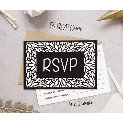 Postais RSVP (Conjunto de 50) 10x15 cm Branco com Lado para Envio; Cartões de Resposta para Casamento com Estampa Floral Preta - Inkdotpot 10,16 Cm × 15,24 Cm / Preto