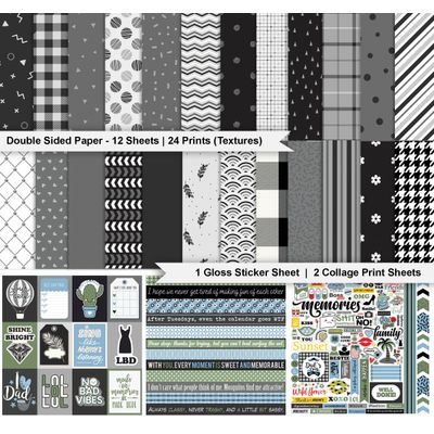 Kit Papel Scrapbook Dupla-Face Cardstock 30,5 cm x 30,5 cm com Folha de Adesivos - 16 Páginas - Branco e Preto - Inkdotpot 30,48 Cm × 30,48 Cm / Branco