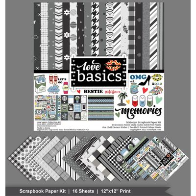 Kit Papel Scrapbook Dupla-Face Cardstock 30,5 cm x 30,5 cm com Folha de Adesivos - 16 Páginas - Branco e Preto - Inkdotpot 30,48 Cm × 30,48 Cm / Branco