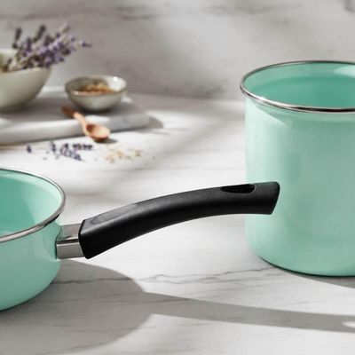 Panela Esmaltada 800ml Baquelite Borda Inox Verde Água Mesa Posta Cozinha Metallouça