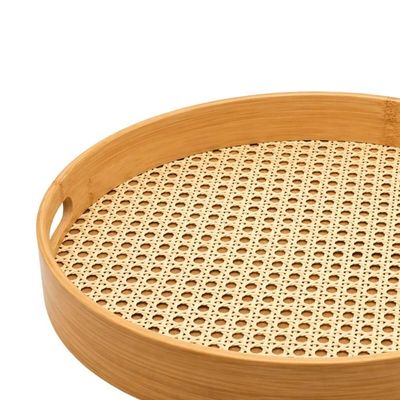 Jogo 2 Bandejas Redondas de Bambu 35cm Alça Textura Palhinha Indiana Oikos Multiuso Servir Decorar