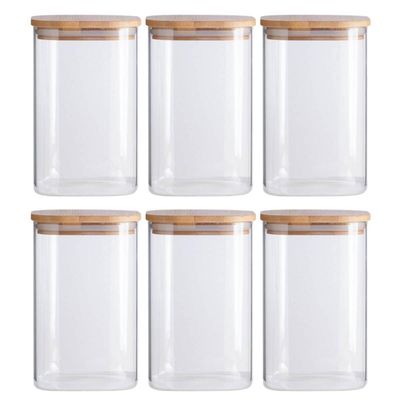 Jogo 6 Potes de Vidro Herméticos 1100ml Tampa Bambu Quadrado Oikos Borea Mantimentos Grãos