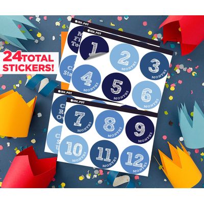 Adesivos Mensais 12 Meses para Bebê Menino/Menina, Adesivos Redondos 10 cm para Fotos, Registre o Primeiro Ano, Azul, 24 Unid. - Inkdotpot 10,16 Cm / Azul