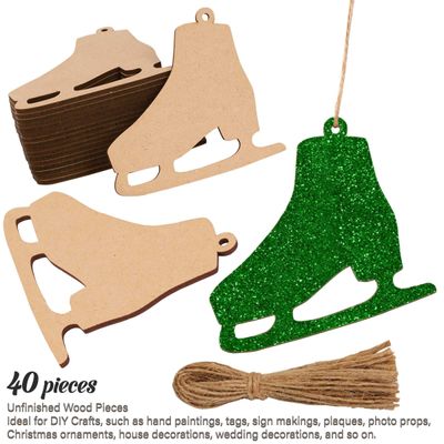 40 Peças de Madeira em Formato de Patins de Gelo 9 cm, Inacabadas Pré-Furadas para Artesanato/Natal, Cordões Incluídos - Inkdotpot 8,89 Cm × 10,16 Cm / Marrom