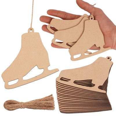 40 Peças de Madeira em Formato de Patins de Gelo 9 cm, Inacabadas Pré-Furadas para Artesanato/Natal, Cordões Incluídos - Inkdotpot 8,89 Cm × 10,16 Cm / Marrom