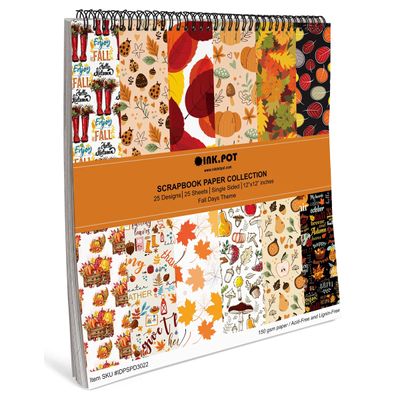Bloco de 25 Folhas de Papel Texturizado Tema Outono, Lado Único, Papel Cartão Colorido para Scrapbook, DIY e Diário - Inkdotpot 30,48 Cm × 30,48 Cm / Multicolorido
