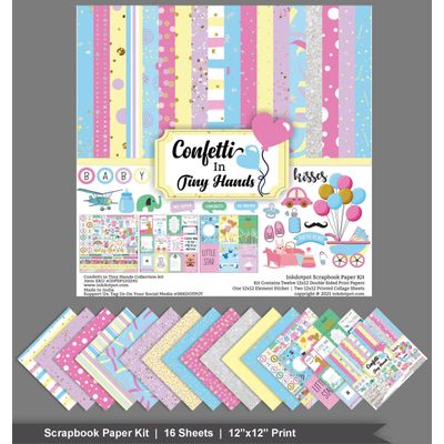 Confete Pastel Tema Bebê Papel Scrapbook Dupla Face 30,5x30,5 cm Kit Cardstock p/ Cartões 16 Pág. com Folha de Adesivos Multicor - Inkdotpot 30,48 Cm × 30,48 Cm / Multicolorido