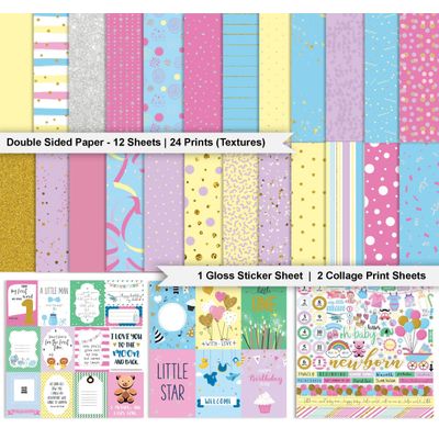 Confete Pastel Tema Bebê Papel Scrapbook Dupla Face 30,5x30,5 cm Kit Cardstock p/ Cartões 16 Pág. com Folha de Adesivos Multicor - Inkdotpot 30,48 Cm × 30,48 Cm / Multicolorido