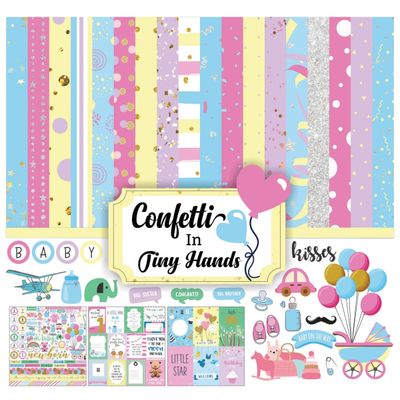Confete Pastel Tema Bebê Papel Scrapbook Dupla Face 30,5x30,5 cm Kit Cardstock p/ Cartões 16 Pág. com Folha de Adesivos Multicor - Inkdotpot 30,48 Cm × 30,48 Cm / Multicolorido