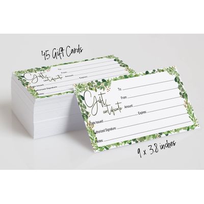 45 Cupons DIY - Certificados em Branco com Folhagem, 23 x 9,7 cm, para Pequenos Negócios, Restaurantes, Salões/Spa, Casamentos - Inkdotpot 22,86 Cm × 9,65 Cm / Verde