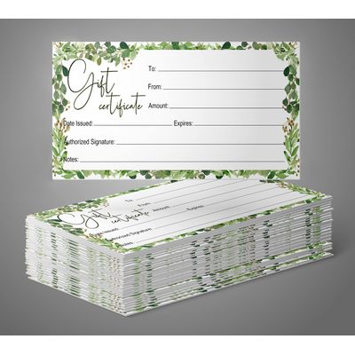 45 Cupons DIY - Certificados em Branco com Folhagem, 23 x 9,7 cm, para Pequenos Negócios, Restaurantes, Salões/Spa, Casamentos - Inkdotpot 22,86 Cm × 9,65 Cm / Verde