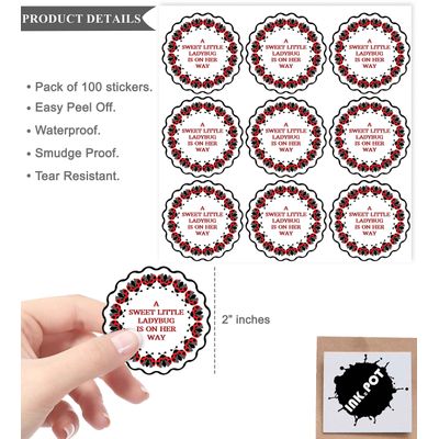 Pacote 100 Adesivos para Lembrancinhas Chá de Revelação, Etiquetas de Agradecimento 5 cm Tema Joaninha Menina Selo para Envelope - Inkdotpot 5,08 Cm / Branco