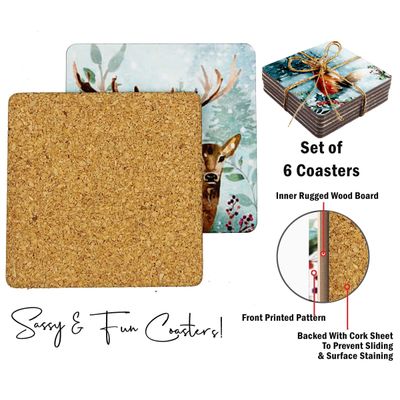 Conjunto de 6 Porta-Copos Antiderrapantes com Base em Cortiça, Quadrados de 10 cm Estampados, Fácil de Limpar, Winter Wonderland - Inkdotpot 10,16 Cm × 10,16 Cm / Branco