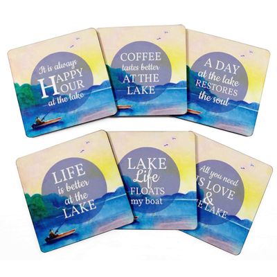 Jogo de 6 Porta-Copos Decorativos Quadrados de 10 cm Impressos, Base de Cortiça Antiderrapante, Fáceis de Limpar Lake Quote - Inkdotpot 10,16 Cm × 10,16 Cm / Multicolorido