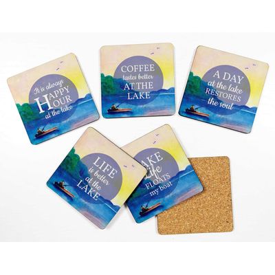 Jogo de 6 Porta-Copos Decorativos Quadrados de 10 cm Impressos, Base de Cortiça Antiderrapante, Fáceis de Limpar Lake Quote - Inkdotpot 10,16 Cm × 10,16 Cm / Multicolorido