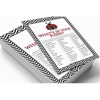 Jogo de Chá de Bebê "O Que Tem na Sua Bolsa?", Tema Joaninha, 50 Unidades, Decorações e Atividades - Inkdotpot 12,7 Cm × 17,78 Cm / Branco