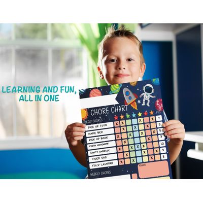 Quadro Magnético Semanal/Diário de Tarefas Infantis, Recompensas/Bom Comportamento, Lista Magnética c/2 Marcadores (Tema Espaço) - Inkdotpot 21,59 Cm × 27,94 Cm / Azul