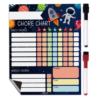 Quadro Magnético Semanal/Diário de Tarefas Infantis, Recompensas/Bom Comportamento, Lista Magnética c/2 Marcadores (Tema Espaço) - Inkdotpot 21,59 Cm × 27,94 Cm / Azul