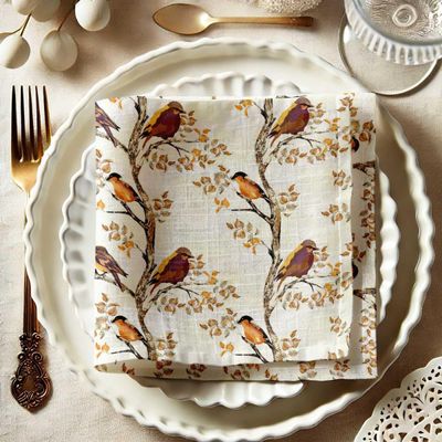 Guardanapos de Musselina com Pássaros de Outono, 51x51 cm, Kit com 12 - Vargottam 50,8 Cm × 50,8 Cm – Pacote Com 12 Peças / Amarelo