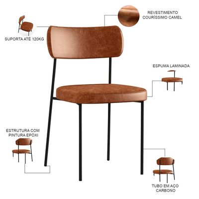 Cadeira Decorativa Estofada Para Sala De Jantar Melina L02 Couríssimo Camel - Lyam Decor