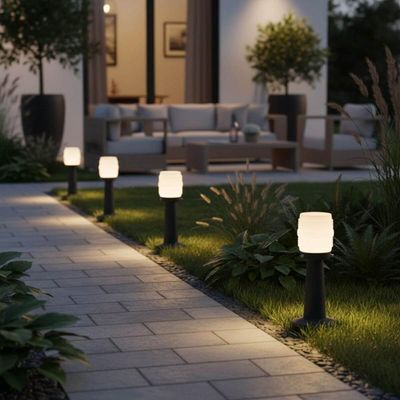 8 Luminárias para Jardim 14x36cm Globo Decorativo Timoneiro Leitoso Alumínio Preto Dital Bivolt