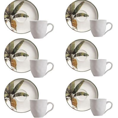 Jogo 6 Xícaras Chá Café com Pires 170ml Branco Bio Bananê Cerâmica Porto Brasil Mesa Posta