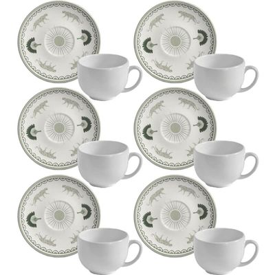 Jogo 6 Xícaras Cerâmica de Chá Com Pires 220ml Branca Exótica Porto Brasil Stoneware Artesanal