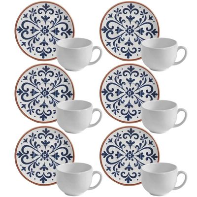 Jogo 6 Xícaras de Chá com Pires Branca e Azul 220ml Cerâmica Stoneware Coimbra Porto Brasil