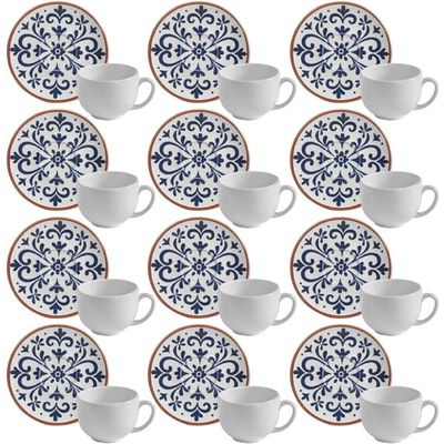 Kit 12 Xícaras de Chá com Pires Branca e Azul 220ml Stoneware Cerâmica Artesanal Coimbra