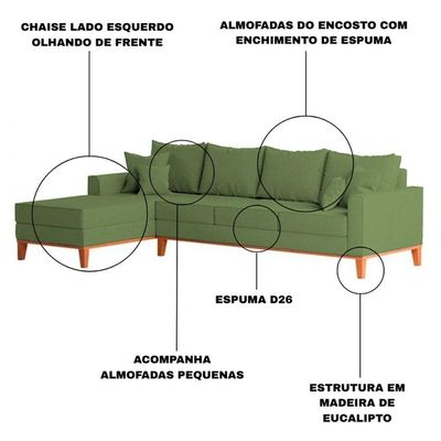 Sofá 4 Lugares Beny Com Chaise Esquerdo Linho Verde Oliva