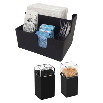 Kit Porta Guardanapos Paliteiro Saleiro Coza Preto Plástico Restaurante Lanchonete