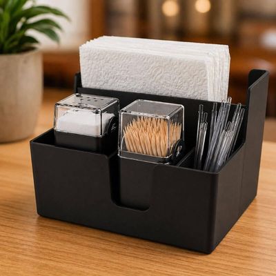 Kit Porta Guardanapos Paliteiro Saleiro Coza Preto Plástico Restaurante Lanchonete