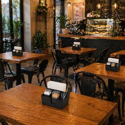 Kit Porta Guardanapos Paliteiro Saleiro Coza Preto Plástico Restaurante Lanchonete