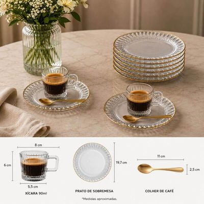 Jogo Lyor 18 Peças Xícaras 90ml Pratos de Sobremesa e Colheres para Café Dourado Recepção Clínica