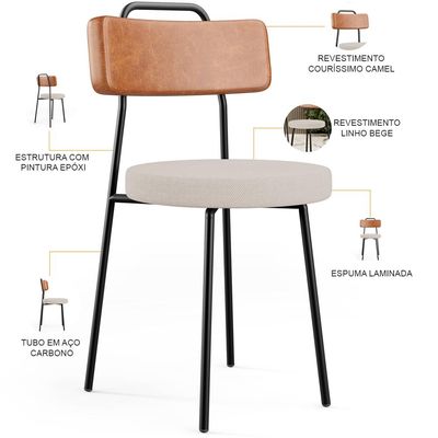 Kit 02 Cadeiras Decorativas Estofada Sala Jantar Barcelona L02 Couríssimo Camel Linho Bege - Lyam
