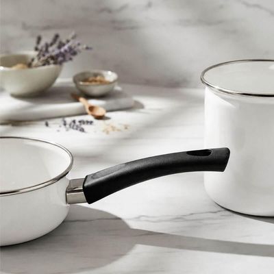 Panela Papeiro Esmaltado 14cm Branco Cabo Baquelite Borda Inox 800ml Metallouça
