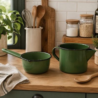 Conjunto Esmaltado N12 Leiteira 1L e Panela Papeiro 550ml Verde Ágata Metallouça Cozinha