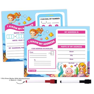 Ficha Laminada Apagável a Seco: Eu Sei Meu Endereço e Número de Telefone — Pré-Escola/Jardim de Infância, 2 Marcadores - Inkdotpot 21,59 Cm × 27,94 Cm / Azul