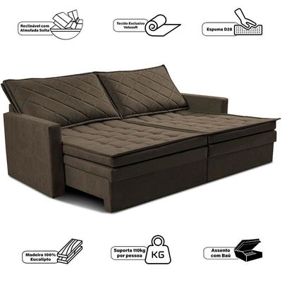 Sofá 3 Lugares Cama InBox Marselha II Retrátil Reclinável com Baú Revestimento Suede Velusoft 160cm Café