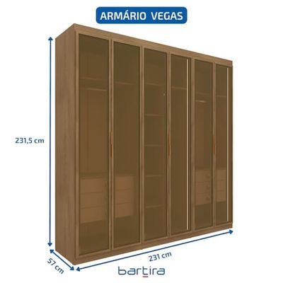 Guarda-Roupa Casal Bartira Vegas 6 Portas 6 Gavetas com Espelho Reflex e LED Marrom
