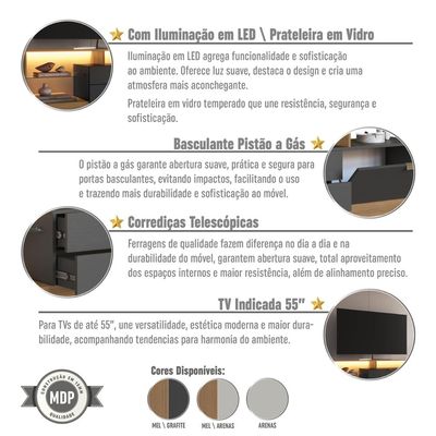 Rack para TV até 55 Polegadas 200cm com Nichos 2 Gavetas Prateleira de Virdro e Iluminação em LED Urban Mel/Grafite
