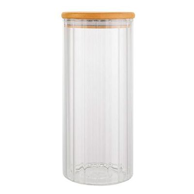 Pote Redondo Canelado 1,2L Vidro com Tampa de Bambu Slim Euro Home Transparente