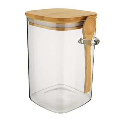 Pote Quadrado Slim Euro Home Vidro Borossilicato com Tampa de Bambu 1,1L Transparente