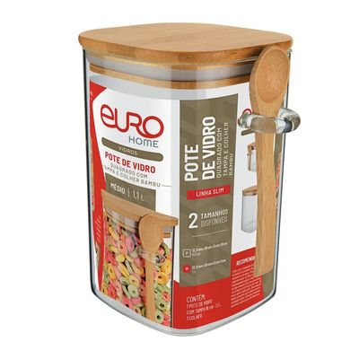 Pote Quadrado Slim Euro Home Vidro Borossilicato com Tampa de Bambu 1,1L Transparente
